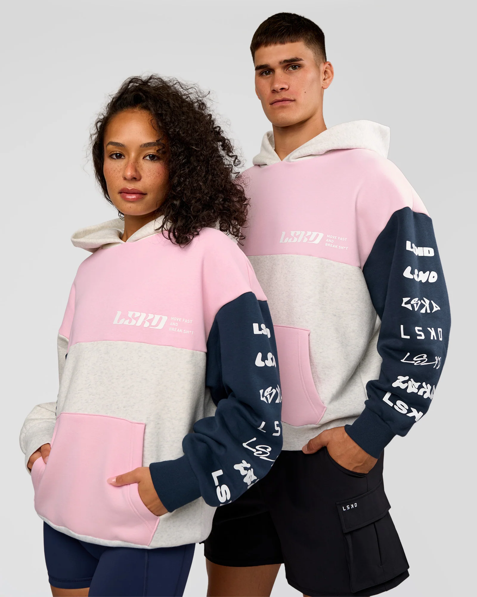 Deconstructed Fleece Hoodie - Grey Marl-Marshmallow-Navy