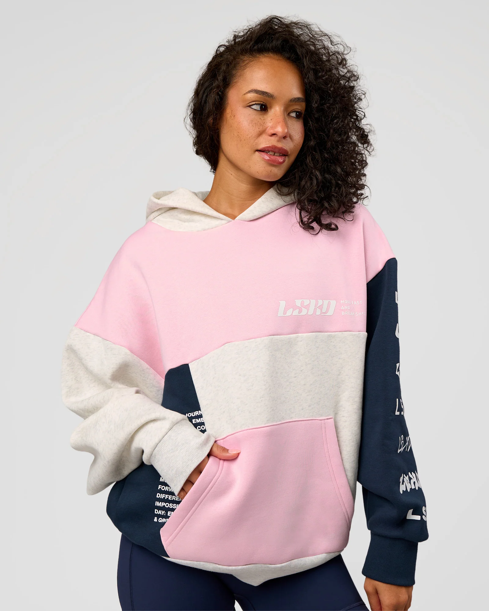 Deconstructed Fleece Hoodie - Grey Marl-Marshmallow-Navy - Image 4