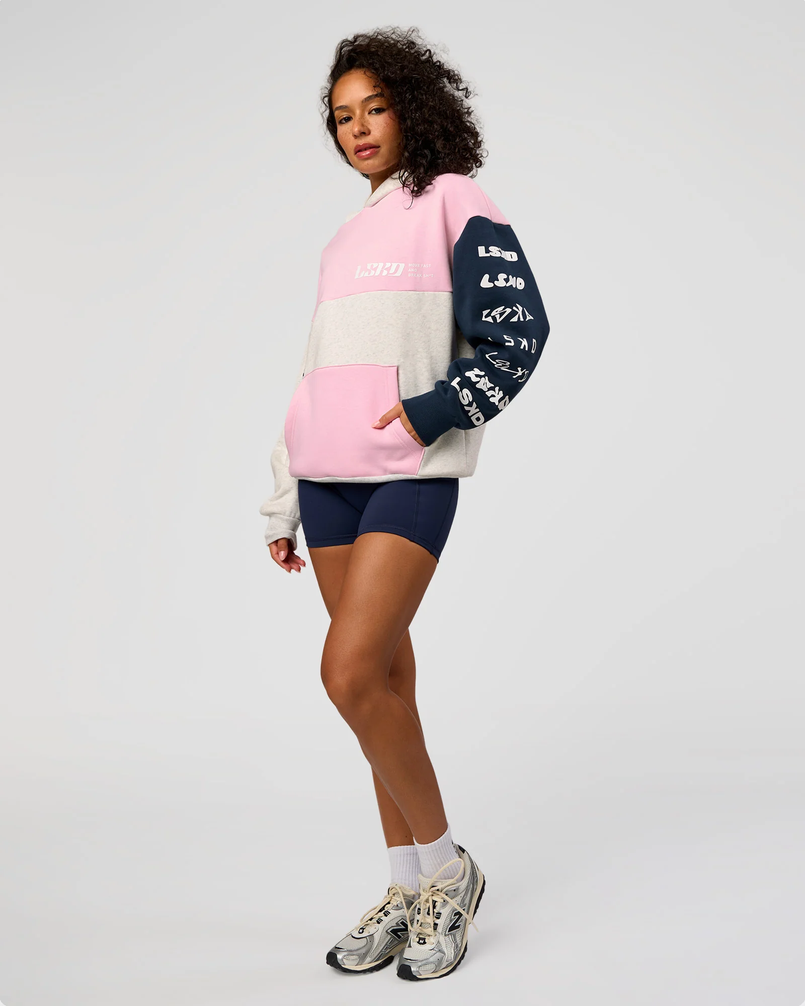 Deconstructed Fleece Hoodie - Grey Marl-Marshmallow-Navy - Image 9
