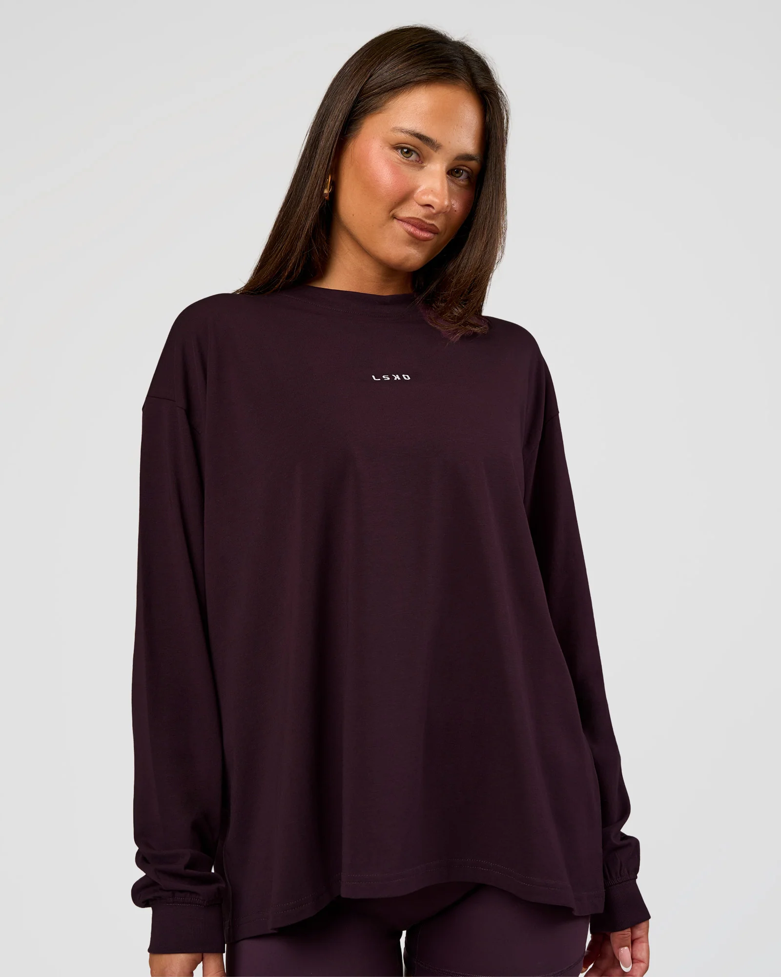 Go-To Long Sleeve FLXCotton Oversized Tee - Midnight Plum-White