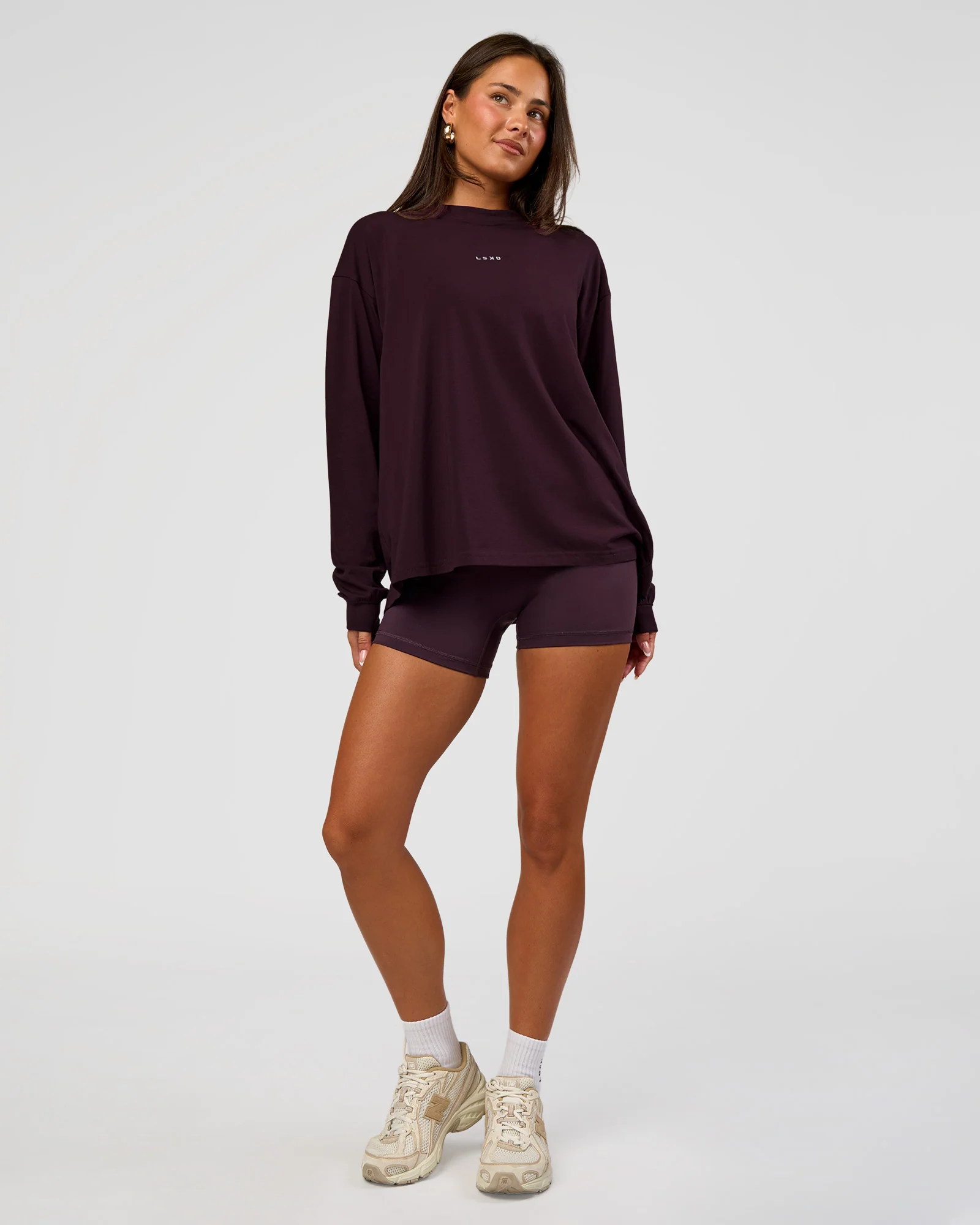 Go-To Long Sleeve FLXCotton Oversized Tee - Midnight Plum-White - Image 2